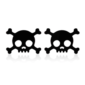 Detailed close-up of glossy black skull and crossbones stud earrings on white background