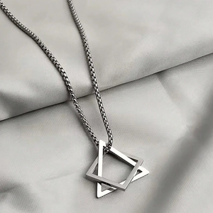 Minimalist silver geometric necklace with square and triangle pendants on box chain