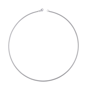 Polished silver stainless steel box chain necklace with lobster clasp on white background