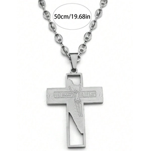 Silver stainless steel Jesus cross pendant necklace with 50cm oval link chain