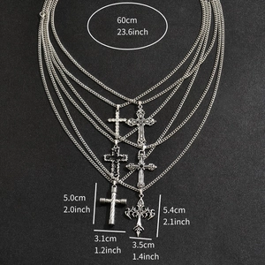 Detailed size guide of six retro silver cross pendants with 60cm chain length measurements