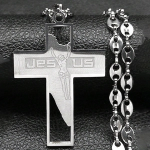 Men Stainless Steel Jesus Cross Pendant Necklace Brushed Silver Hollowing Religious Faith Jewelry Gift For Men Necklace