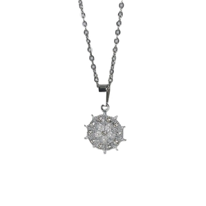 Elegant silver snowflake necklace with pearl center and sparkling rhinestone petals