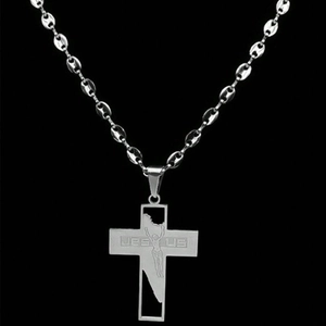Silver stainless steel Jesus cross pendant necklace with a coffee bean chain design