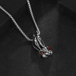 Retro Stainless Steel Realistic Rabbit Head Pendant Necklace For Men Gothic Punk Style Red Rhinestone Eye Animal Jewelry