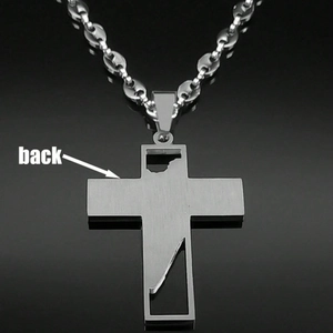 Silver stainless steel cross pendant with hollow map design on back and link chain