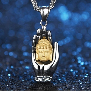 Vintage Stainless Steel Palm Buddha Pendant Necklace For Men Two Tone Gold Silver Plated Religious Fashion Jewelry Gift