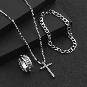 Hip Hop Stainless Steel Cross Necklace Bracelet Ring Set Men Trendy Jewelry Set Electroplated Black Silver Jewelry