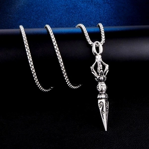 Retro stainless steel Vajra pestle amulet pendant necklace on a silver box chain