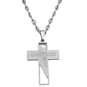 Religious stainless steel cross pendant featuring Jesus inscription on a ball chain necklace