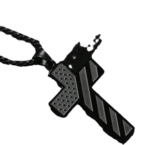 Pendentif croix en acier inoxydable noir avec motif drapeau USA et chaîne box