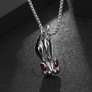 Retro titanium steel rabbit pendant with red gemstone eyes on a round bead chain necklace