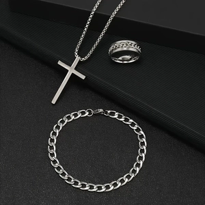 Three-piece men's jewelry set with cross pendant necklace, bracelet and chain ring