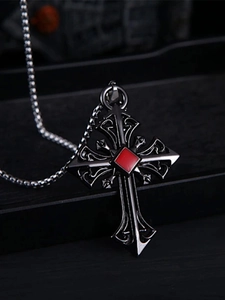 Gothic hollow cross pendant detail with silver-black finish and red square gemstone