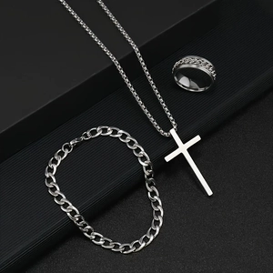 3-piece men's stainless steel jewelry set with cross necklace, cuban bracelet, and ring