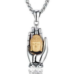 Retro Thai silver Buddha palm necklace with gold head pendant on wheat chain for men