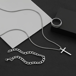 Three-piece stainless steel jewelry set with cross necklace cuban bracelet and chain ring