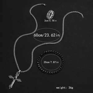 Detailed size specifications for men's cross pendant necklace, bracelet, and ring set