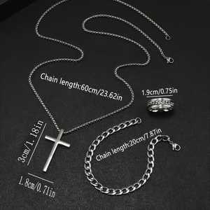 Detailed size specs for stainless steel cross necklace, chain bracelet and textured ring set