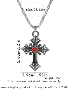 Detailed size chart showing gothic cross pendant dimensions with red gemstone inlay