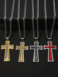 Détails de pendentifs croix bicolores en acier inoxydable doré, argenté, noir et rouge