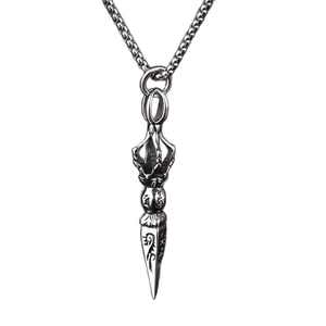 Vintage silver Vajra pestle pendant necklace with intricate religious carvings and metal chain