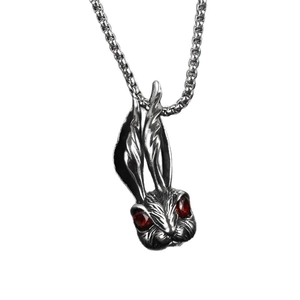 Vintage titanium steel rabbit pendant necklace with red eyes and classic box chain