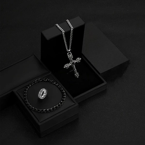 Men Stainless Steel Hip Hop Jewelry Cross Pendant Necklace Cuban Chain Bracelet And Spinning Chain Ring Vintage Gothic Punk Style Silver Black