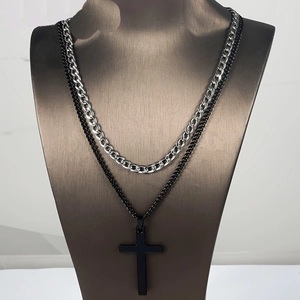 Men's Double Layered Stainless Steel Cross Pendant Necklace Silver Cuban Link Black Chain Punk Street Jewelry