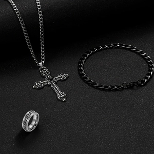 Men's retro hip hop jewelry set with gothic cross pendant, Cuban chain, and spinner ring