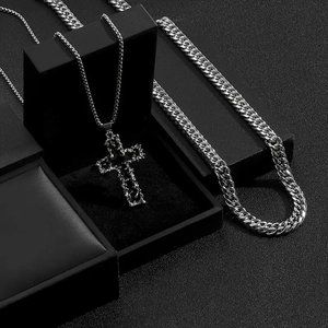 Collier Pendentif Croix de Lave en Acier Inoxydable Hip Hop Double Chaîne Gourmette pour Hommes Femmes Argent Strass Punk Bijoux Gothiques
