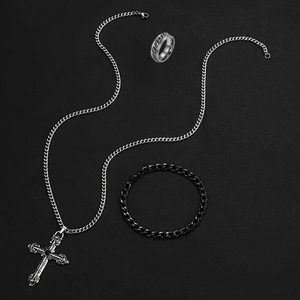 Punk style men's jewelry set with cross pendant necklace, Cuban bracelet and chain ring
