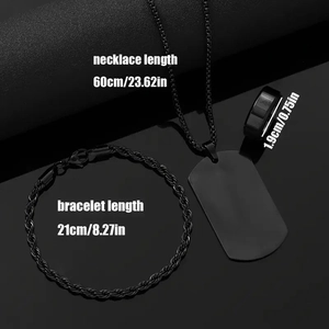 Detail view of black titanium jewelry set with size measurements for necklace and ring
