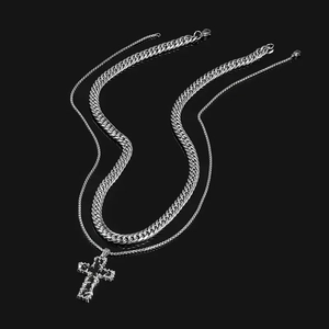 Collier double couche à pendentif croix et chaîne gourmette style gothique hip hop pour homme