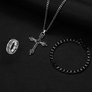 Men's retro gothic set featuring cuban chain, cross pendant and silver rotating ring