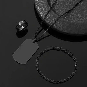 Men Stainless Steel Jewelry Necklace Bracelet And Ring Black Dog Tag Pendant Twist Chain Punk Industrial Minimalist Jewelry
