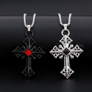 Gothic Vintage Stainless Steel Cross Pendant Necklace For Men Women Hollow Out Design With Rhinestone Punk Rock Fashion Jewelry Gift