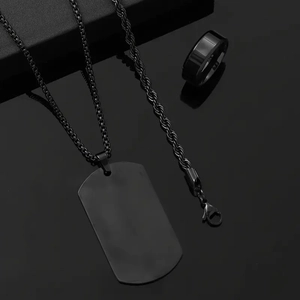 Men's matte black stainless steel jewelry set with dog tag necklace and ring