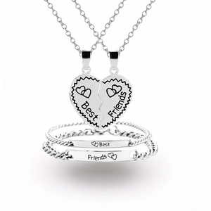 Silver Best Friends heart necklace and bracelet set for women with engraved pendants