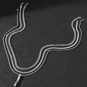 Ensemble de colliers à chaîne cubaine et maille serpent en acier inoxydable poli argent
