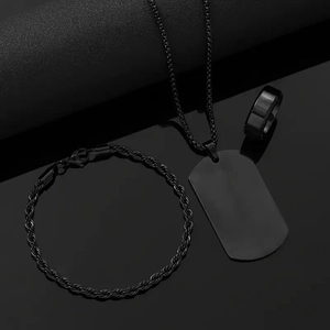 Men's matte black titanium steel jewelry set featuring chain necklace, bracelet and ring