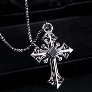 Gothic hollow silver cross pendant necklace with black stone and metal bead chain