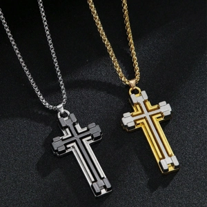 Men Stainless Steel 3D Layered Cross Pendant Necklace Two Tone Industrial Style Gold Black Silver Contrast Jewelry For Men