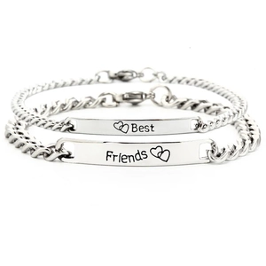 Silver Best Friends heart necklace set with thick Cuban chain and engraved plates