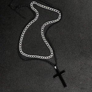 Double-layer men's necklace with silver Cuban chain and black cross pendant on black chain
