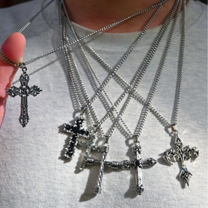 Set of six varied silver cross pendant necklaces for men featuring gothic and hip-hop styles