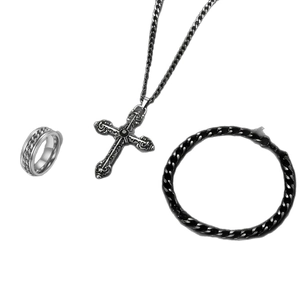 Men's retro hip hop jewelry set with gothic cross pendant, Cuban chain and relief ring