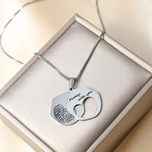 Double heart pendant necklace with fingerprint engraving and Always with you script