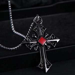 Gothic black hollow cross pendant necklace with a square red gemstone and bead chain