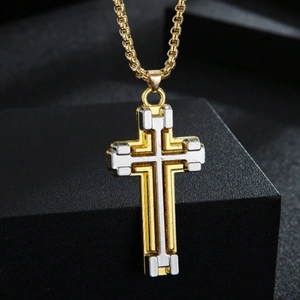 Three-layer cross pendant necklace for men in gold and silver finish with chain